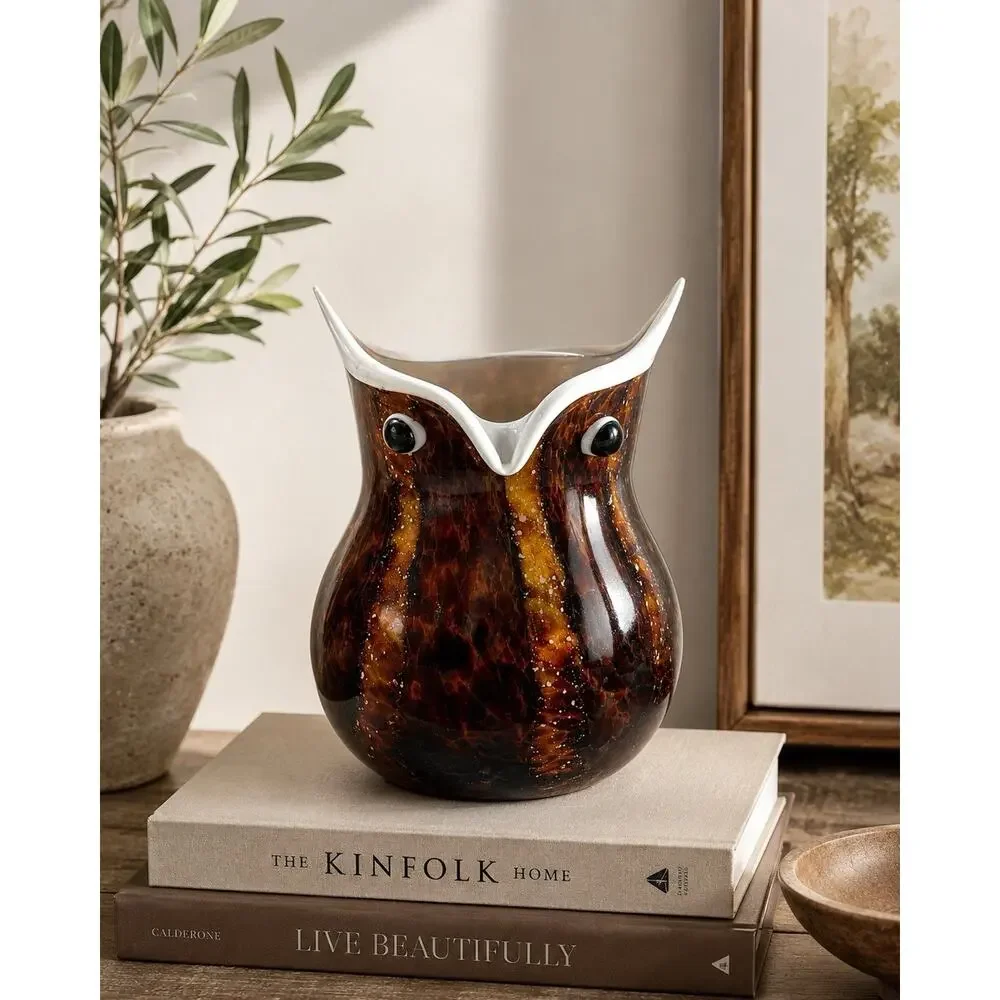 Vintage Art Glass Owl Vase / Planter Brown Tortoise Shell Look 5” Hand Blown